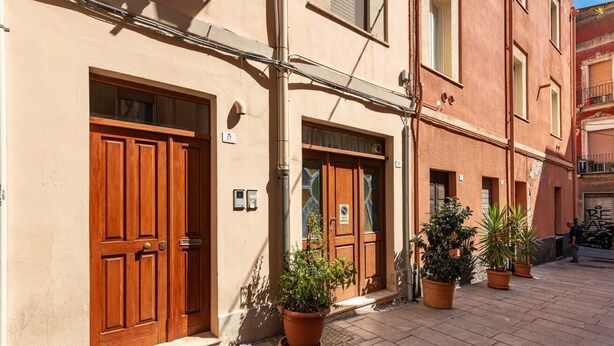 A building with two wooden doors, a tiled ground, and potted plants.