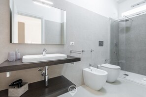 Shower, hair dryer, bidet, towels