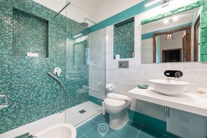 Shower, hair dryer, bidet, towels