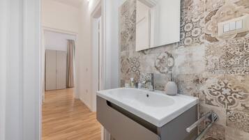 Shower, hair dryer, bidet, towels