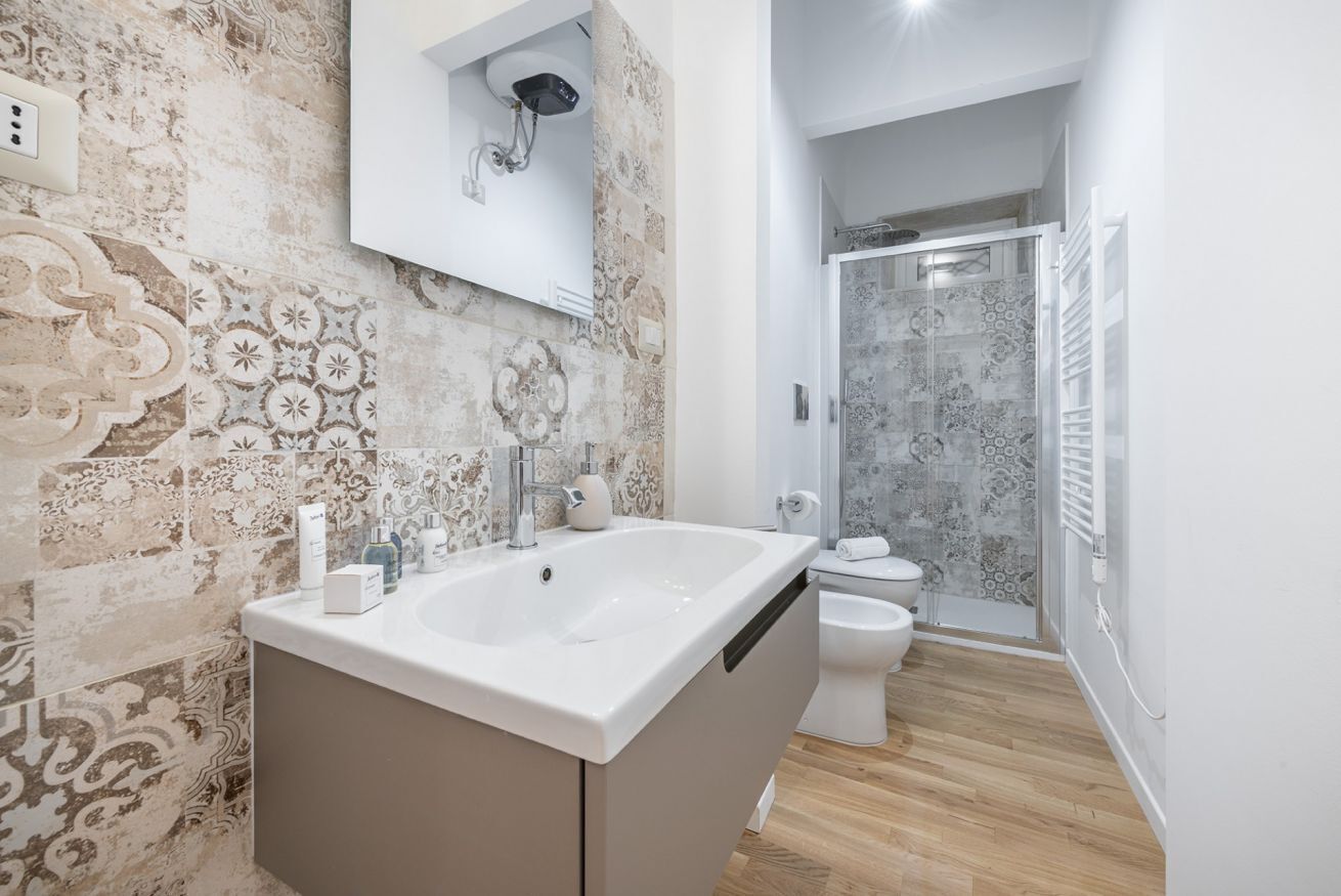 Shower, hair dryer, bidet, towels