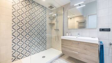 Shower, hair dryer, bidet, towels