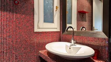 Combined shower/tub, hair dryer, bidet, towels