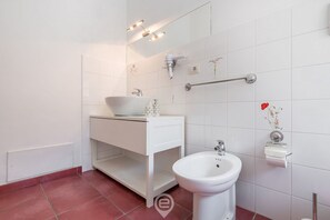 Combined shower/tub, hair dryer, bidet, towels