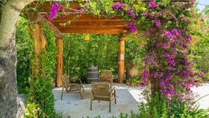 Eine hölzerne Pergola mit Stühlen und einem Fass, umgeben von üppigem Grün und violetten Blumen.