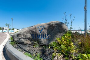 Ein großer Felsen mit der Inschrift „AMP SIMEUS“, umgeben von Grünpflanzen.