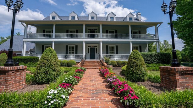 Ein großes, zweistöckiges Haus mit Veranda, einem Ziegelweg und einem Garten mit bunten Blumen.