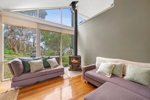 A modern living room with a large window, a fireplace, and two sofas with cushions.