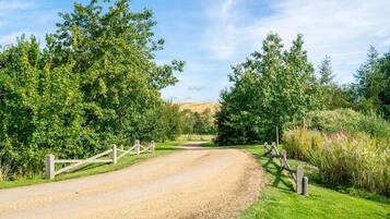 A gravel path leading through a rural area with wooden fences and lush greenery.