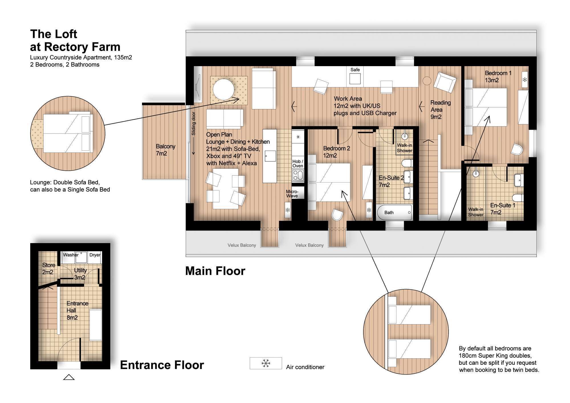 A floor plan of The Loft at Rectory Farm, a luxury countryside apartment with 2 bedrooms, 2 bathrooms, and a total area of 135m2.