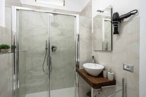 Shower, hair dryer, bidet, towels