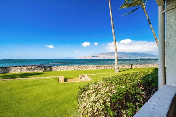 A coastal view with a clear sky, a grassy area, and a stone wall.