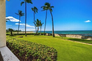 A golf course with palm trees and a view of the ocean.