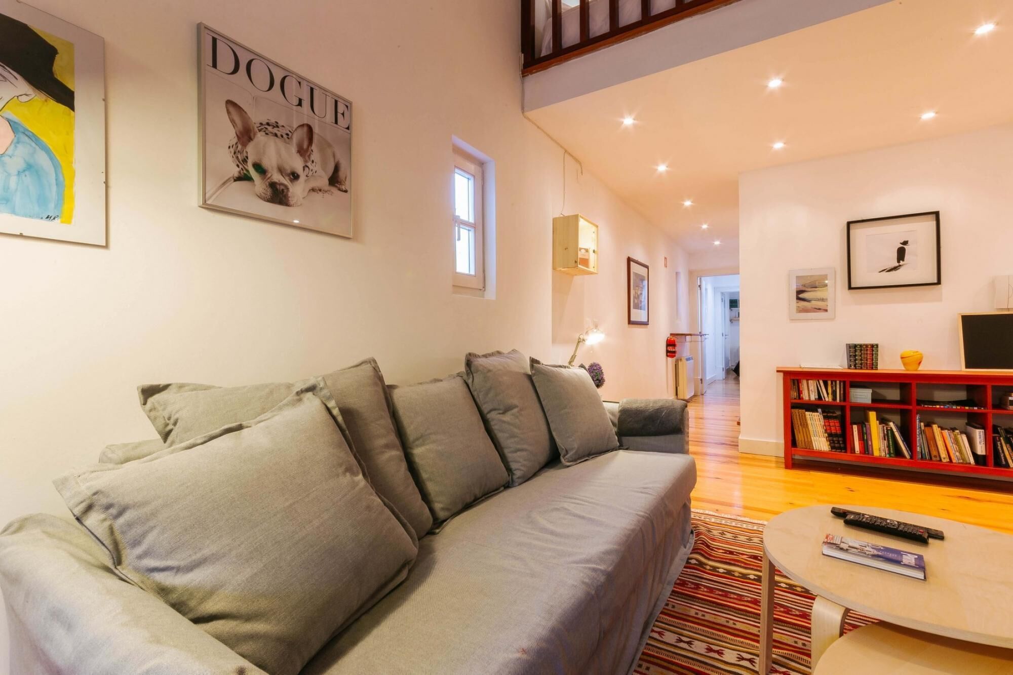 A living room with a grey sofa, a red bookshelf, and a patterned rug.