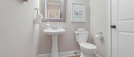 Un baño con lavamanos pedestal, inodoro, espejo enmarco y puerta blanca.