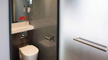 A modern bathroom with a toilet, a sink, a mirror, and a glass shower enclosure.