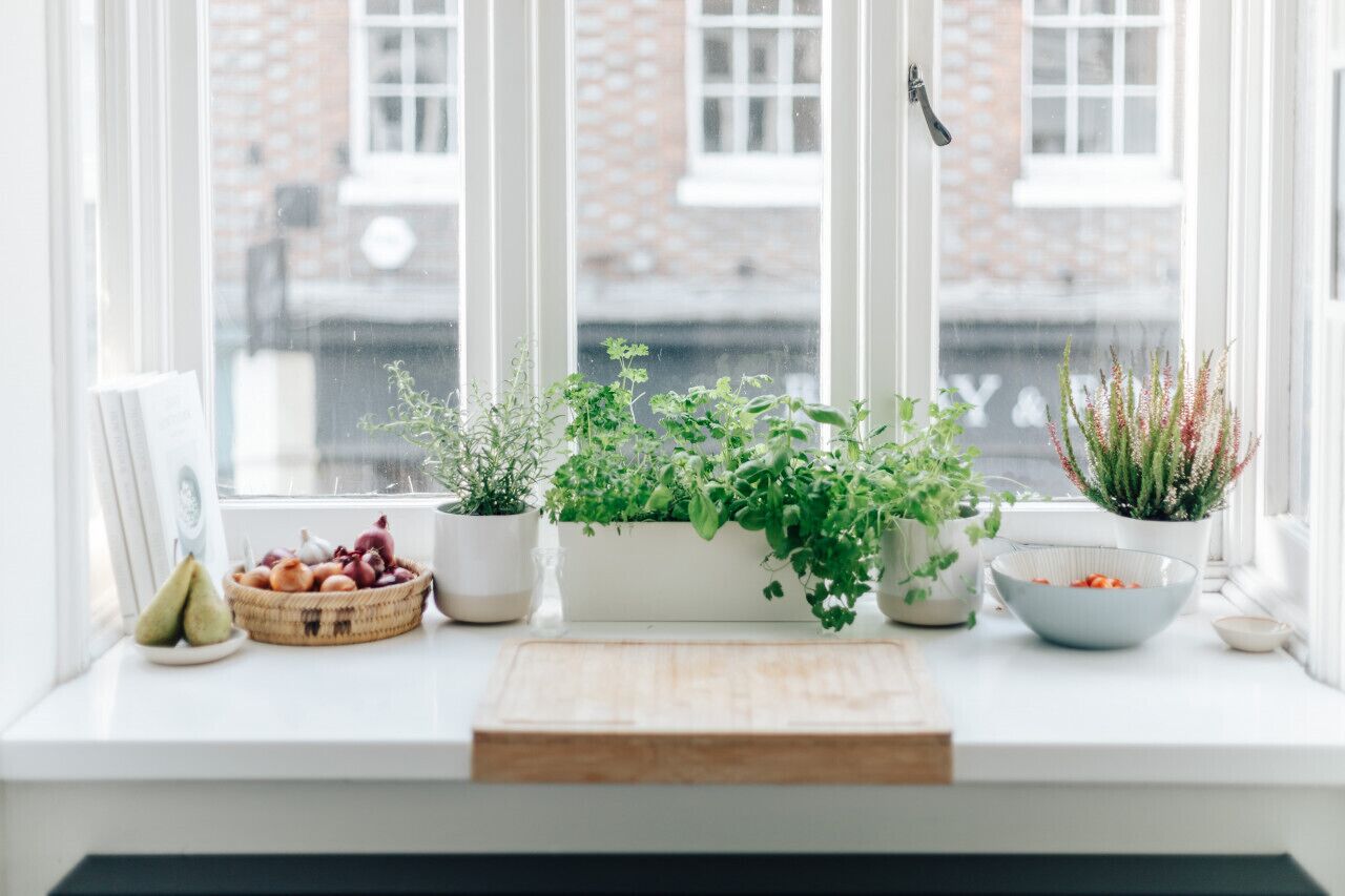 Un rebord de fenêtre orné de plantes en pot, une planche à découper en bois et un saladier rempli de fruits.