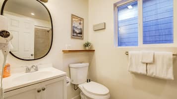 Shower, hair dryer, towels