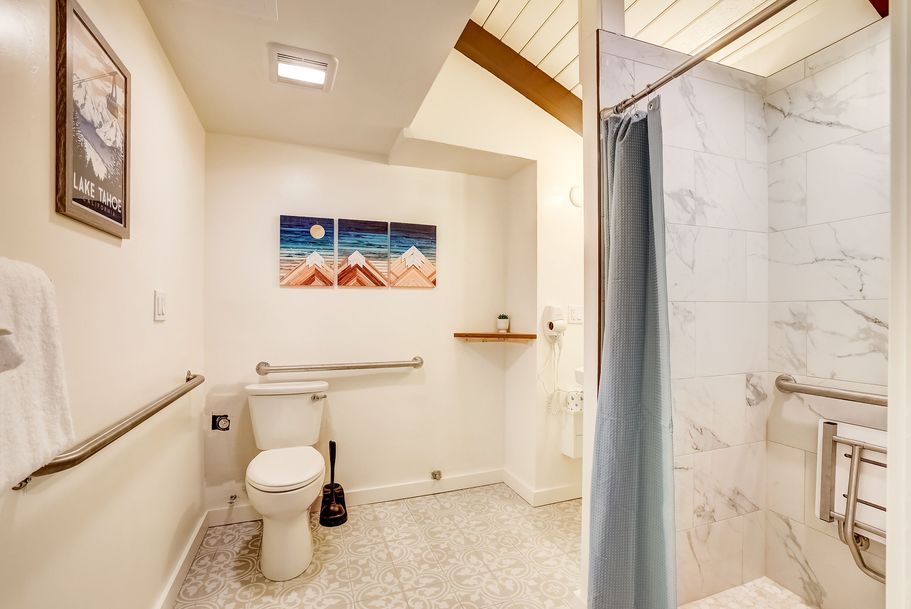 A bathroom with a toilet, a shower with a glass door, a handrail, a picture of mountains, and a small shelf with a plant.