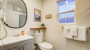 Shower, hair dryer, bidet, towels