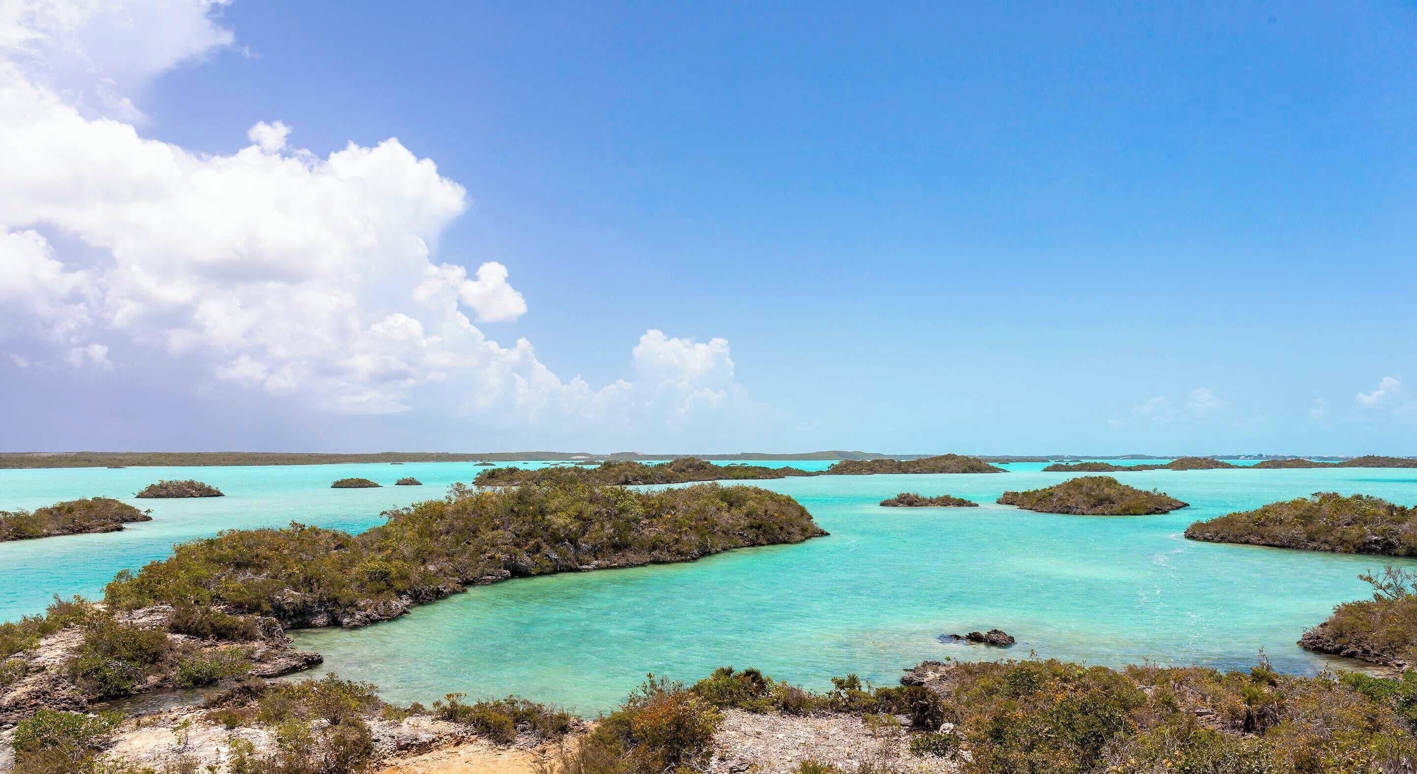 A tropical island landscape with clear turquoise waters and scattered vegetation.