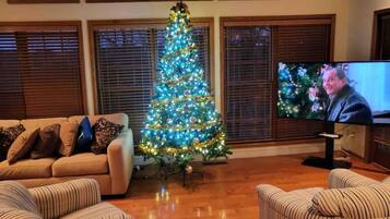 Smart-tv, eldstad, kontor och datorskÀrmar