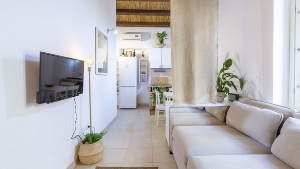 A modern living room with a flat-screen TV mounted on the wall, a sofa, a coffee table, and a potted plant. - PENTHOUSE WITH SEAVIEW TERRACE IN THE CITY'S HEART (Cagliari)