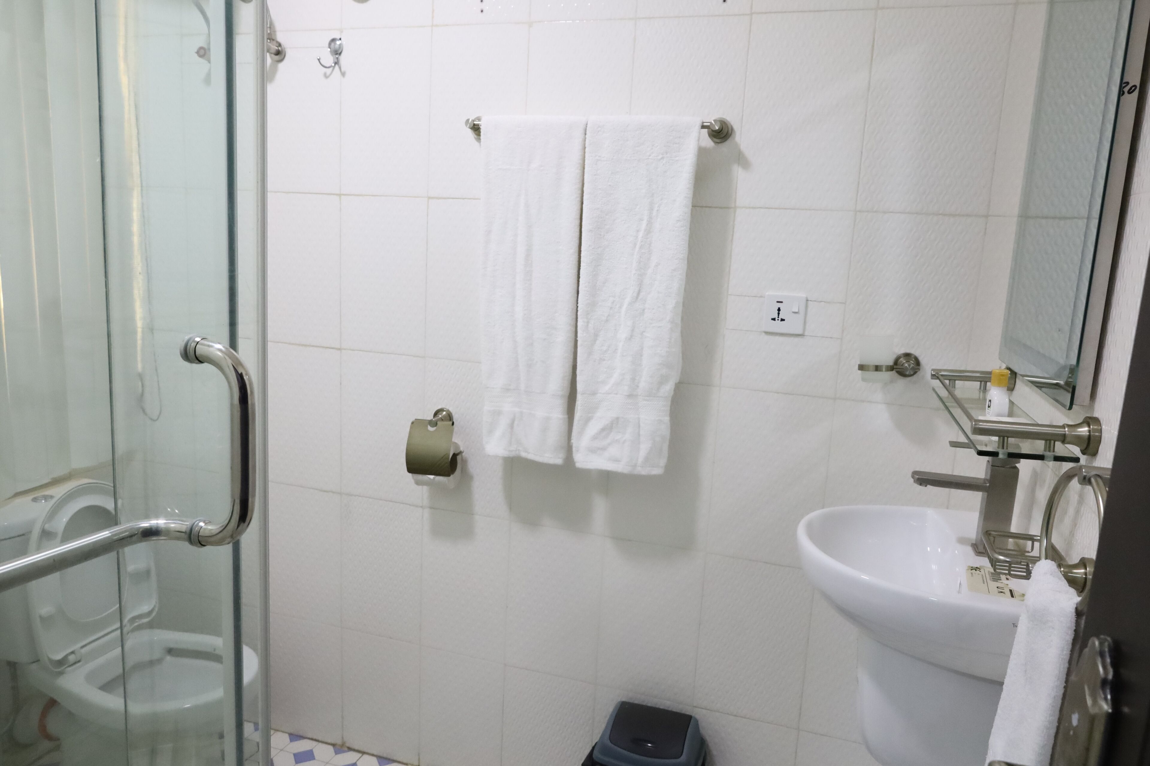 A bathroom with a glass shower enclosure, a white sink, and a toilet.