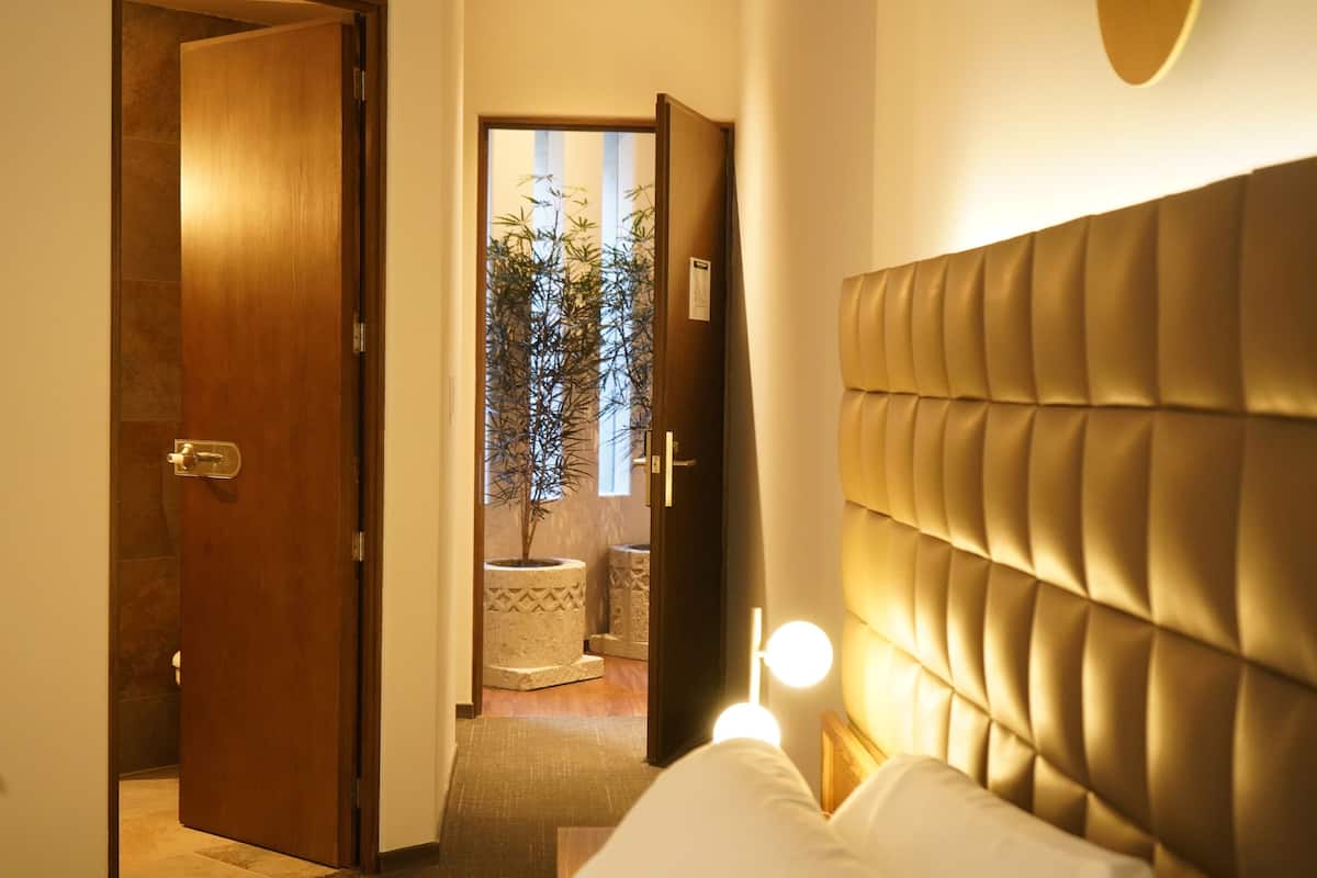 Une chambre d’hôtel avec une porte en bois, un lit doté d’une tête de lit et une petite plante en pot placée à l’arrière-plan.