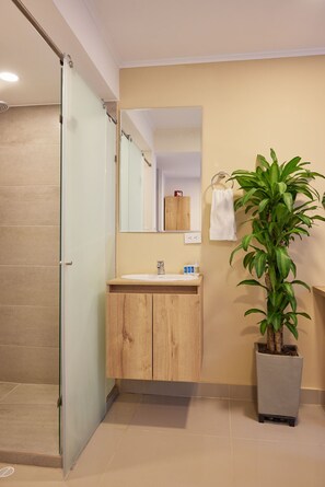 Dusche, Haartrockner, Handtücher, Seife