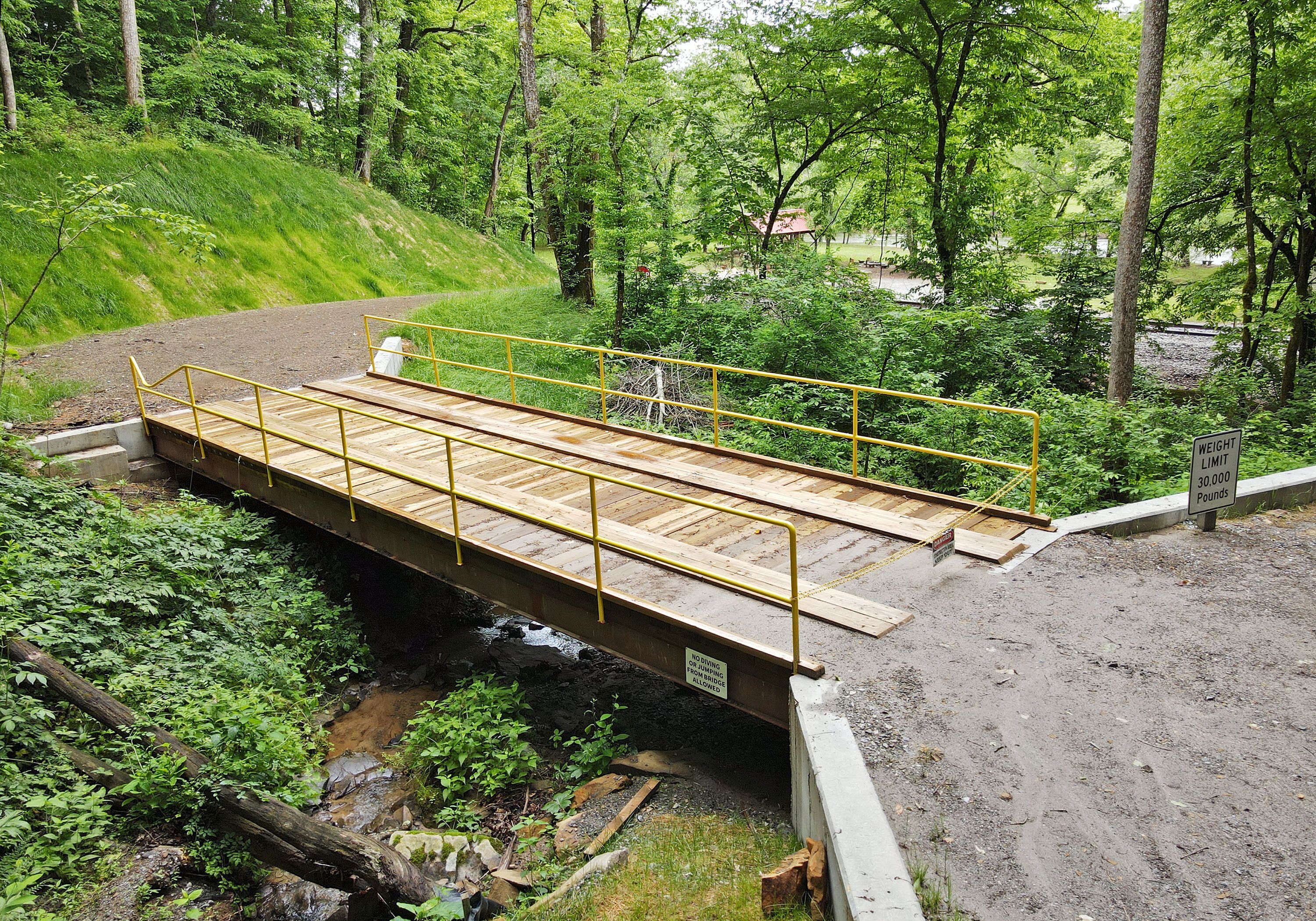 A wooden pedestrian bridge over a stream with a weight limit sign.