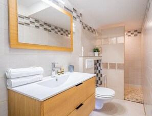Douche, séchoir à cheveux, serviettes fournies