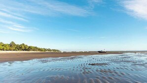A beach with a boat, trees, and a clear sky. - Villa Claire à Andernos - sea view with heated poo (Andernos-les-Bains)