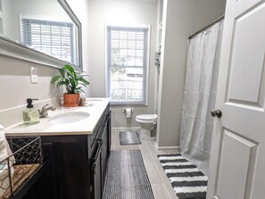 Bañera con ducha, secador de pelo, toallas, jabón