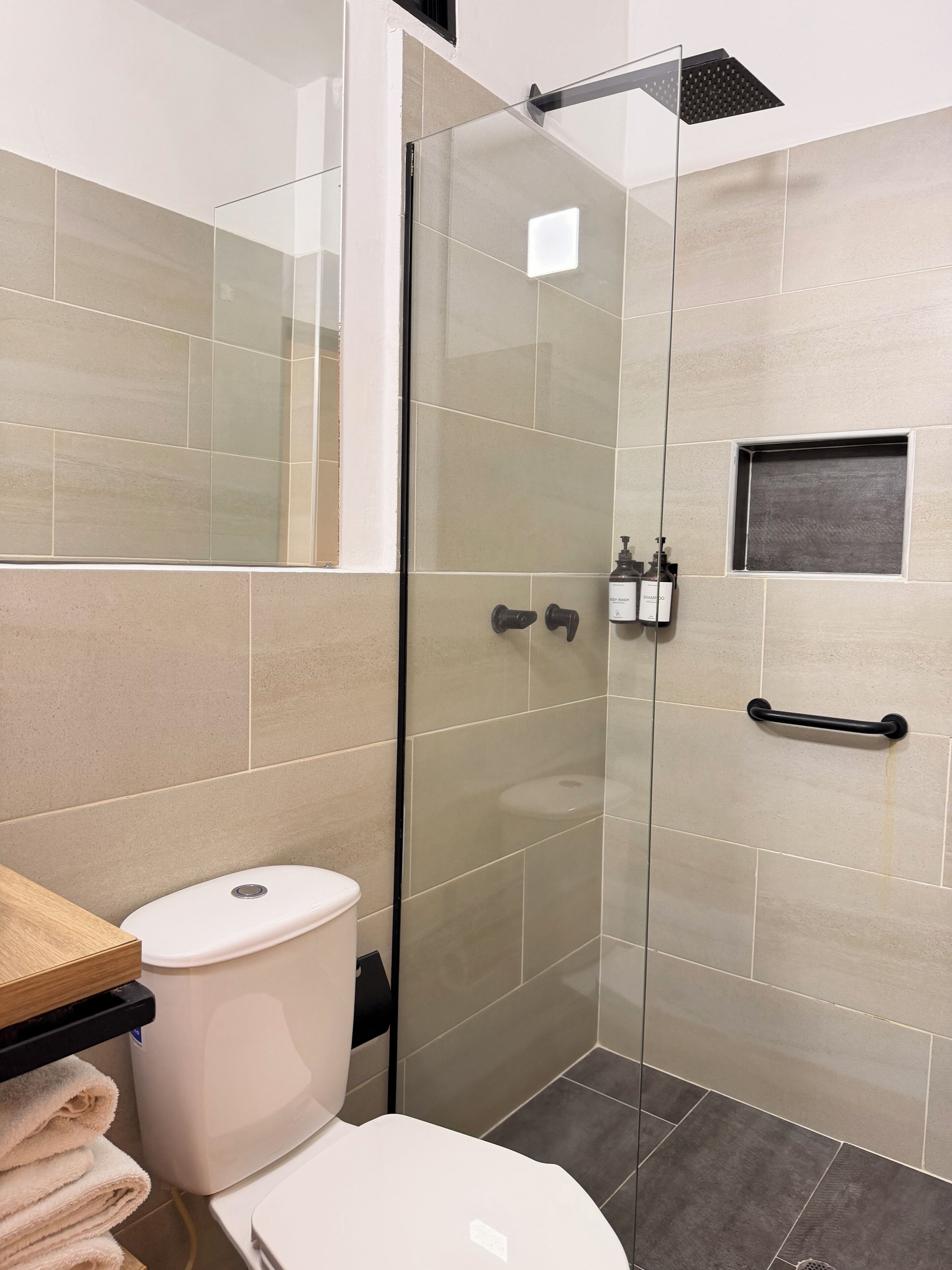 Une salle de bain moderne avec une douche à parois de verre, des toilettes et un porte-serviettes.