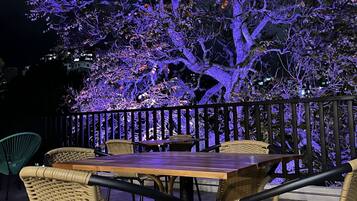 An outdoor seating area with a table and chairs, a tree illuminated with purple lights, and a black metal fence.