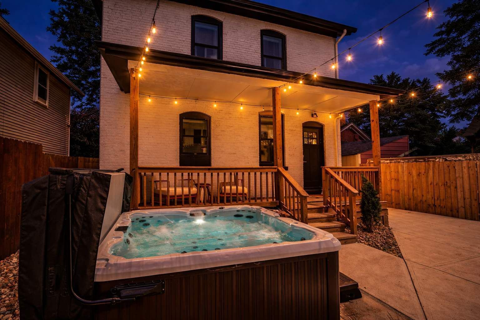 Private 6-person Jacuzzi hot tub exclusively reserved for your group throughout your stay — no sharing or scheduled access.