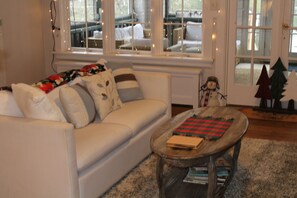 Smart TV, fireplace, books, music library