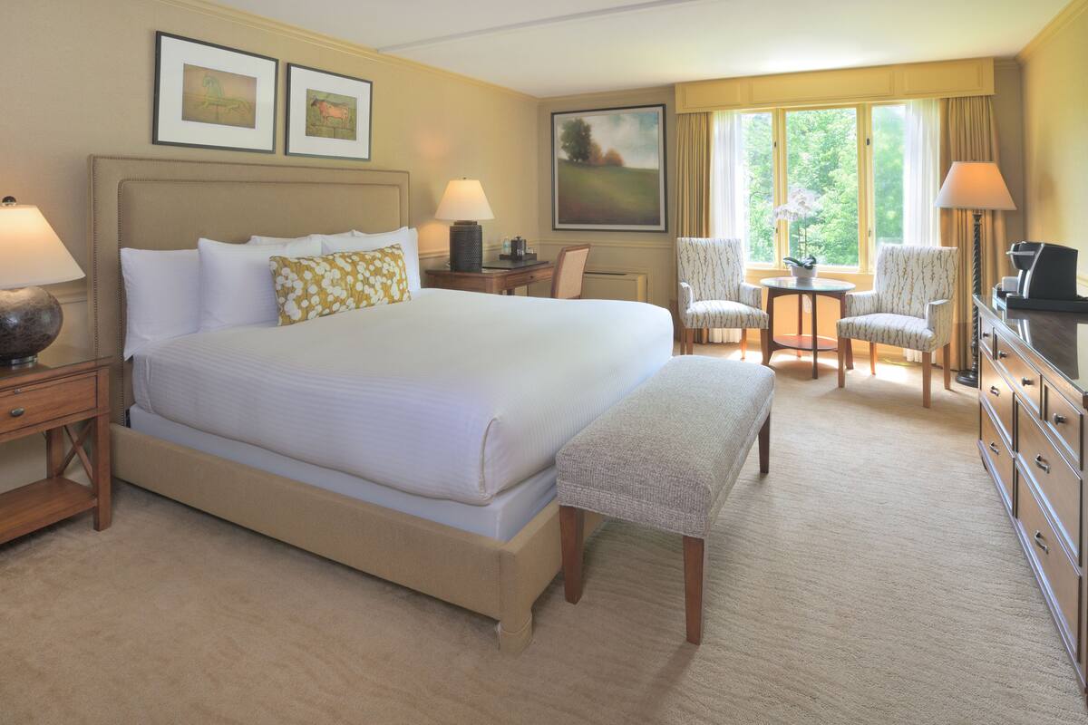 Ein Hotelzimmer mit einem großen Bett, zwei Sesseln, einem kleinen Tisch, einem Schreibtisch und einem Fernseher.