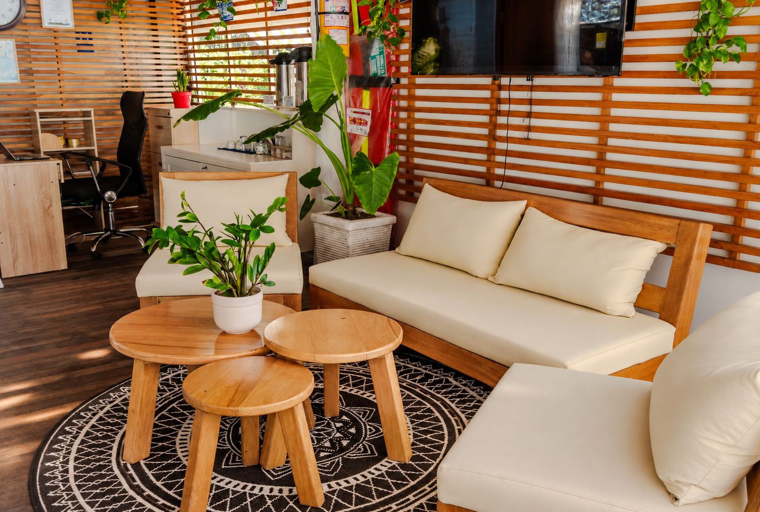 A modern living room with a sofa, two round wooden tables, and potted plants.
