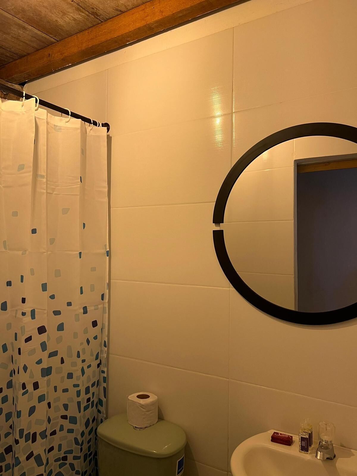 A bathroom with a shower curtain, toilet, sink, and a mirror with a circular frame.