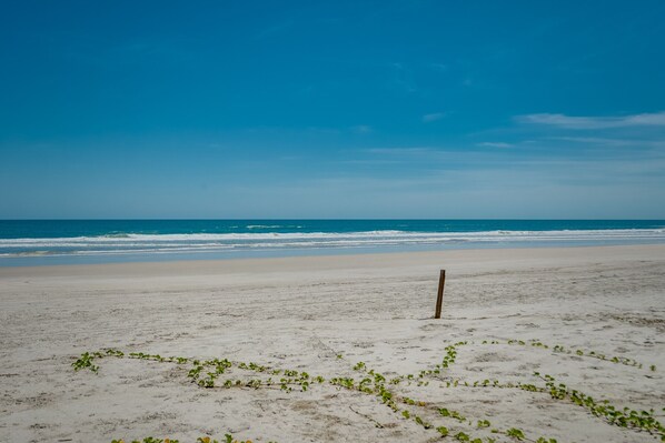 A sandy beach with a wooden post and sparse vegetation.