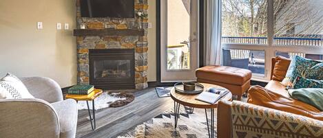 Smart TV, fireplace, books