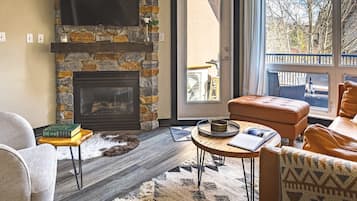 TV connectée, cheminée, livres