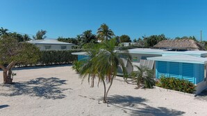 Une propriété située en bord de mer, avec un bâtiment à toit de chaume, des palmiers et une plage de sable.