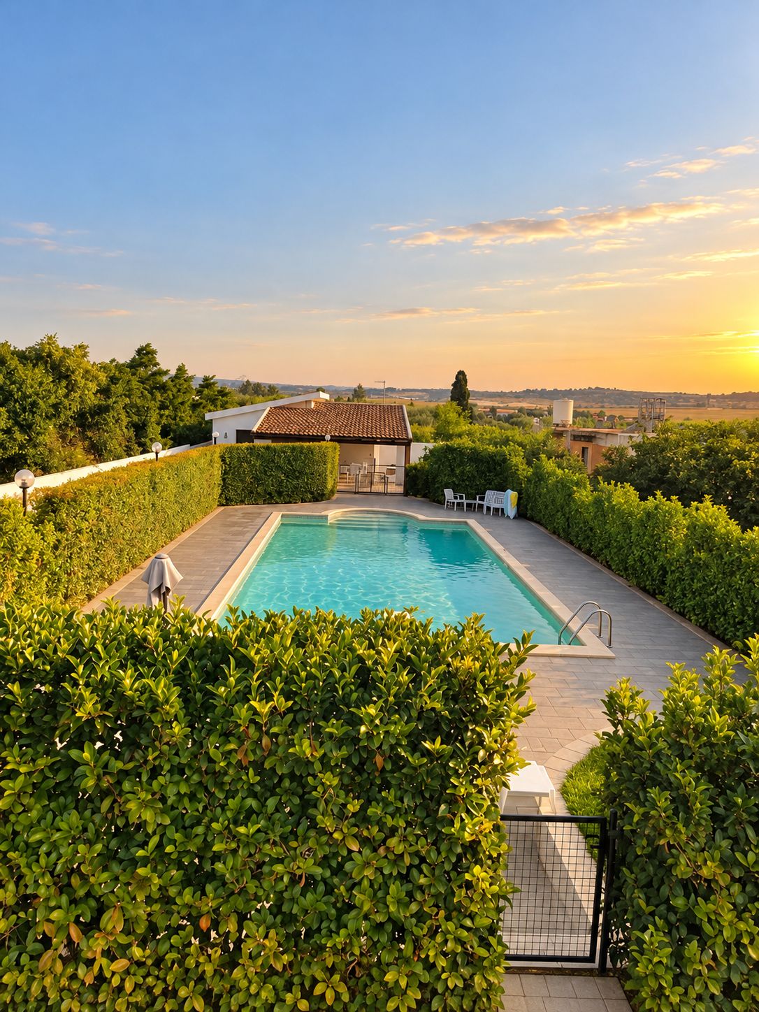 Une piscine rectangulaire bordée d’une terrasse carrelée, entourée de haies bien entretenues et offrant une vue sur des collines lointaines.