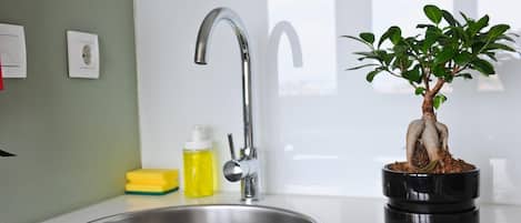 A kitchen sink with a modern faucet, a potted plant, and cleaning supplies on the counter.