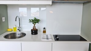 A modern kitchen with a stainless steel sink, a potted plant, and a black countertop. - Expresso Martinis in Lisbon by Misha s Place 4c (Lisbon)