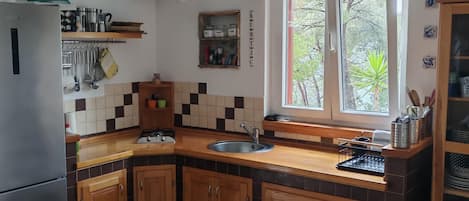 Fridge, oven, stovetop, cookware/dishes/utensils