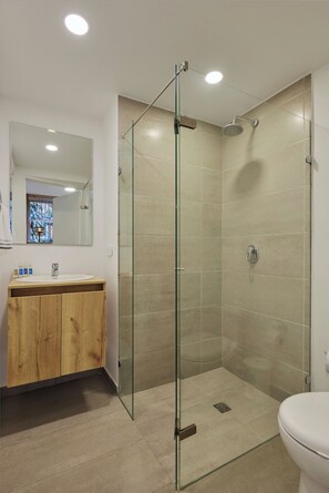 Een douche, een haardroger, handdoeken, zeep